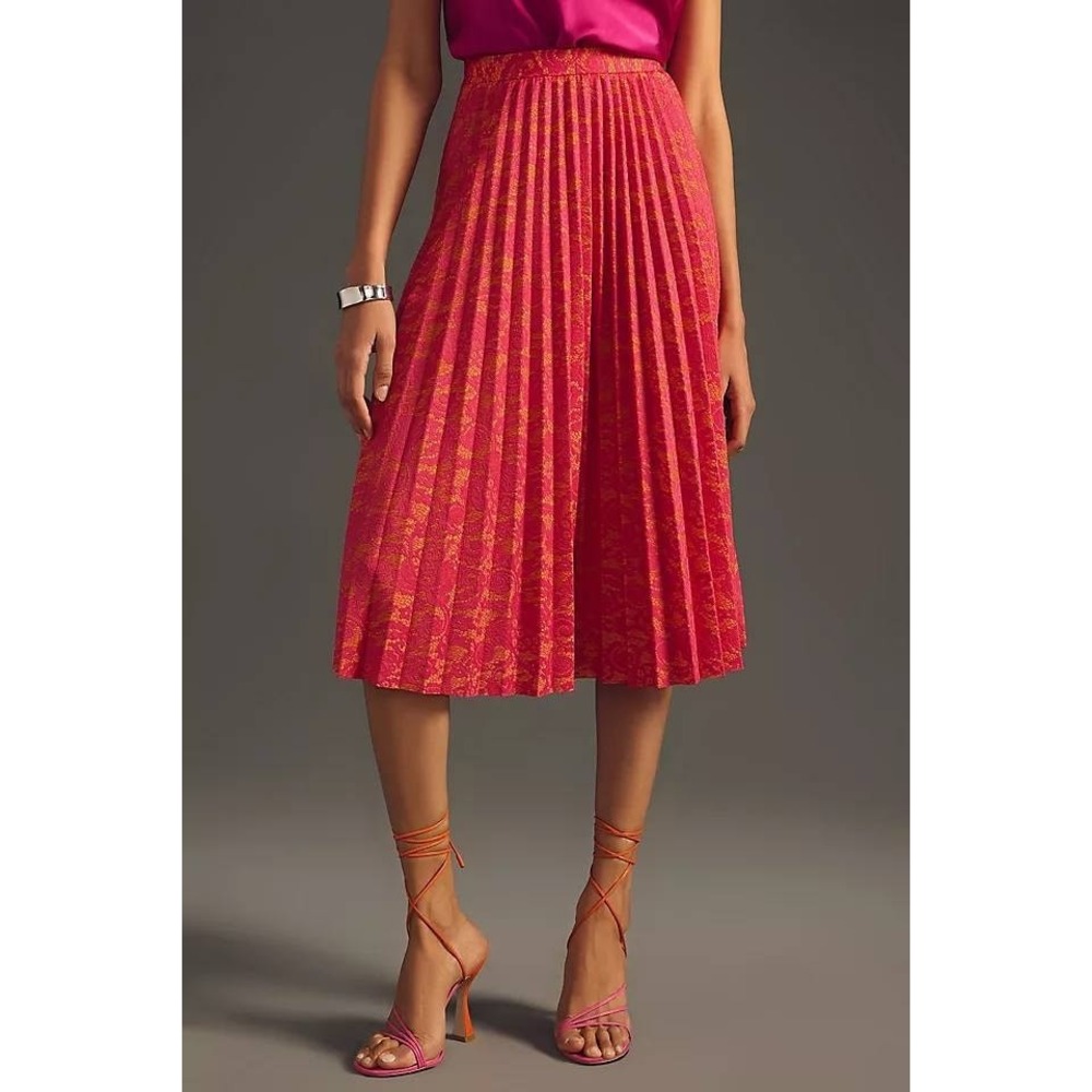 Maeve Anthropologie Pink Orange Floral Lace Pleated Midi Skirt Medium OB1725435